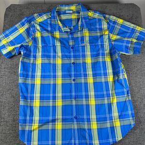 Columbia Button Down Short Sleeved Shirt Omni Wick Mens XL Blue Plaid